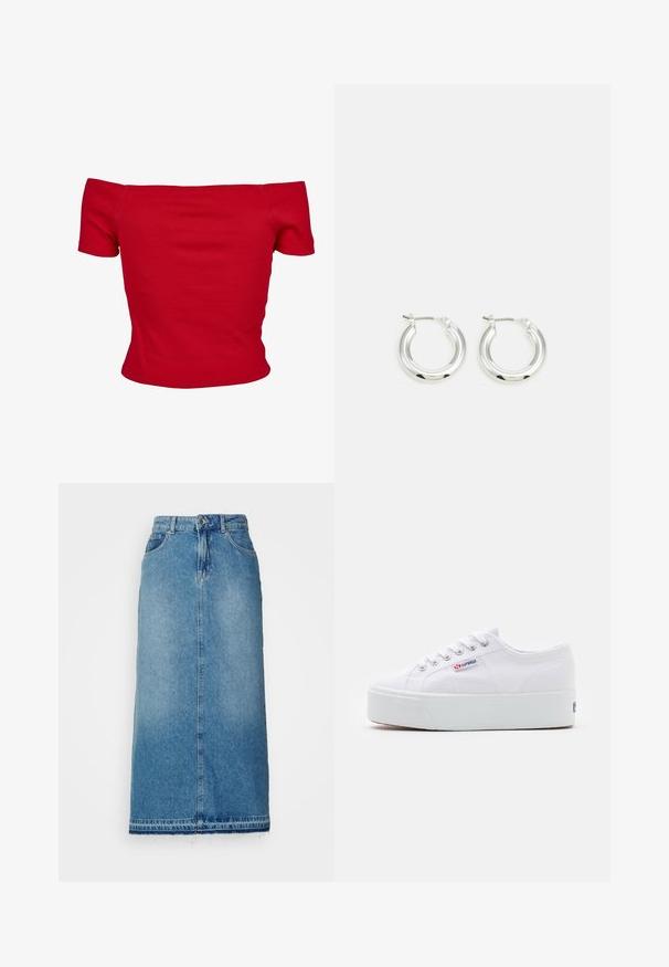 Rode off-shoulder top gemaakt van ribbelstof, met korte mouwen en een getailleerd ontwerp. Gladde textuur, effen kleur zonder patronen.; ONLY Denim ONLNELIA Denim Denim Long - Jeansrok - light blue denim; Witte canvas sneaker met een dikke witte platformzool, ronde neus en metalen oogjes voor veters. Merkl logo aan de zijkant weergegeven.; Zilveren oorbellen in de vorm van een ring met een gepolijste afwerking, met een cirkelvorm en een scharnierende postsluiting. Glad oppervlak met minimale details.