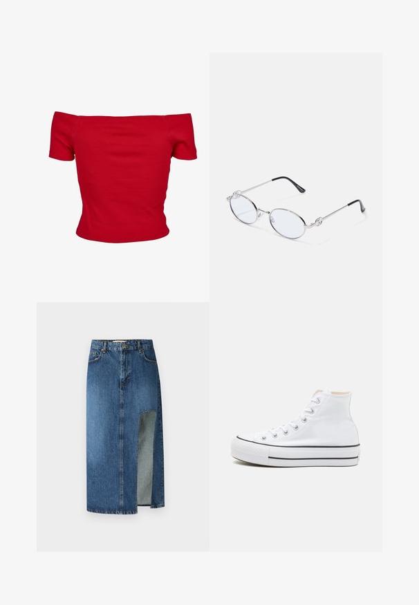 Rød off-shoulder top lavet af ribbet stof, med korte ærmer og tætsiddende design. Glat tekstur, ensfarvet uden mønstre.; Denimskørt i medium blå med lige snit og sidelæg. Har klassisk fem-lomme-design og bæltestropper, med synlige stikninger.; Hvide høj-top sneakers lavet af kanvasmateriale, sort gummisål og kontrasterende sort stribe på mellemsålen. Rund tåhætte og snørebåndsdesign.; Sølvmetal ovale briller med klare linser, prydet med dekorative sideaccenter og sorte spidser på stængerne for bedre greb og komfort.