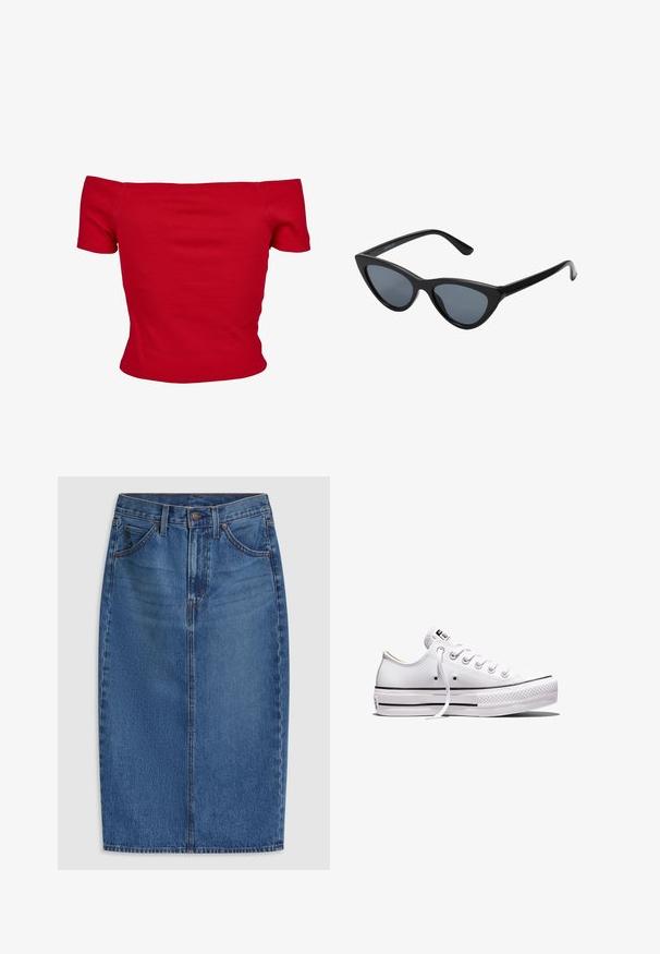 Rode off-shoulder top gemaakt van ribbelstof, met korte mouwen en een getailleerd ontwerp. Gladde textuur, effen kleur zonder patronen.; Denim rok met een knielengte, uitgevoerd in licht tot medium blauw, met vijf zakken en stikselaccenten langs de naden.; Wit lage canvas sneaker met witte veters, rubberen zool, zwarte streepdetails en logopatch op de tong en hiel.; Zwarte cat-eye zonnebril met donkergrijze lenzen, slank plastic frame, puntige hoeken en rechte pootjes. Geen zichtbare hardware of accenten.