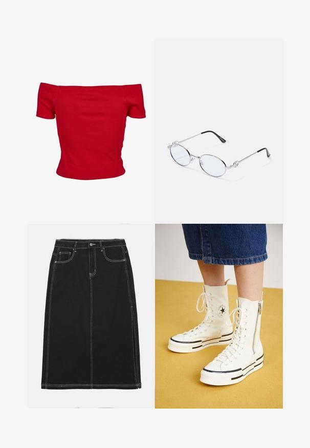 Rød off-shoulder top lavet af ribbet stof, med korte ærmer og tætsiddende design. Glat tekstur, ensfarvet uden mønstre.; Sort denimnederdel med ret snit, udstyret med hvid syning, knappelukning foran og to forlommer. Glat tekstur.; Hvide høj-top sneakers med lynlåslukning, snørresystem og sorte striber på en tyk sål. Tekstureret kanvasmateriale.; Sølvmetal ovale briller med klare linser, prydet med dekorative sideaccenter og sorte spidser på stængerne for bedre greb og komfort.