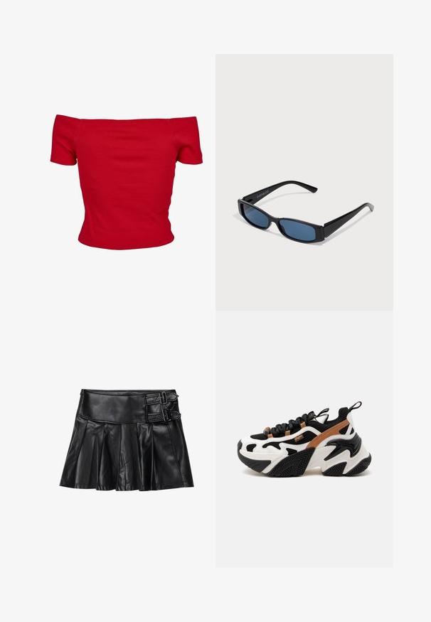 Rød off-shoulder top lavet af ribbet stof, med korte ærmer og tætsiddende design. Glat tekstur, ensfarvet uden mønstre.; Sort læderskirt med pliser, bred talje og to spænde-accenter på siden. Glat tekstur med en blank finish.; Kraftig atletiksneaker med sorte, hvide og brune detaljer, tyk tekstureret sål, sorte snørebånd og trækskylle ved hælen på hvid baggrund.; Sorte solbriller med en slank rektangulær ramme og blå linser. Har en glat overflade og robuste stænger. Mærkets logo på siden.