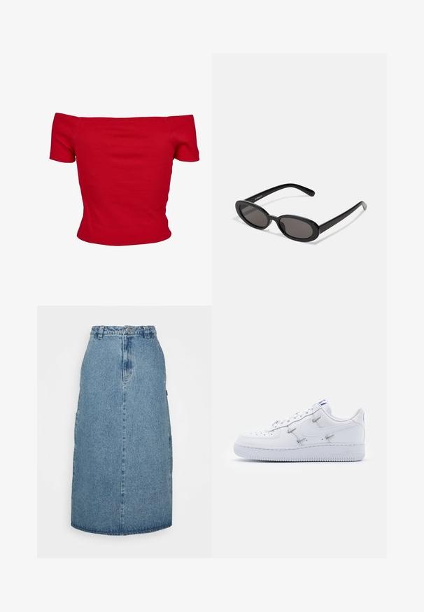 Rode off-shoulder top gemaakt van ribbelstof, met korte mouwen en een getailleerd ontwerp. Gladde textuur, effen kleur zonder patronen.; Obey Clothing JUNIPER MIDI SKIRT - A-lijn rok - stonewash indigo; Nike Sportswear AIR FORCE 1 - Sneakers laag - white/hyper royal/black; Even&Odd by Zalando Zonnebril - black