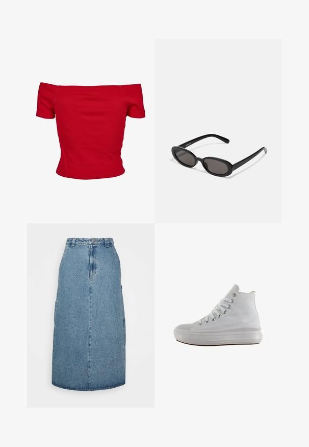 Haut rouge à épaules dénudées en tissu côtelé, avec des manches courtes et une coupe ajustée. Texture lisse, couleur unie sans motifs.; Obey Clothing JUNIPER MIDI SKIRT - Jupe trapèze - stonewash indigo; Baskets montantes en toile blanche avec lacets blancs, œillets métalliques, semelle épaisse en caoutchouc et bout texturé, orientées vers la gauche sur fond blanc.; Even&Odd by Zalando Lunettes de soleil - black