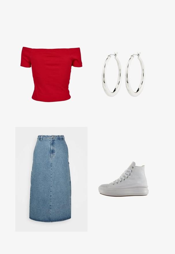 Rød off-shoulder top lavet af ribbet stof, med korte ærmer og tætsiddende design. Glat tekstur, ensfarvet uden mønstre.; Obey Clothing JUNIPER MIDI SKIRT - A-snit nederdel - stonewash indigo; Hvid højt canvas sneaksko med hvide snørebånd, metaløjer, tyk gummisål og tekstureret tåhætte, vendt mod venstre på en hvid baggrund.; Sølvøreringe i form af hoops med en glat, blank finish. Cirkulær form, der har en sikker lås. Simpelt og elegant design.