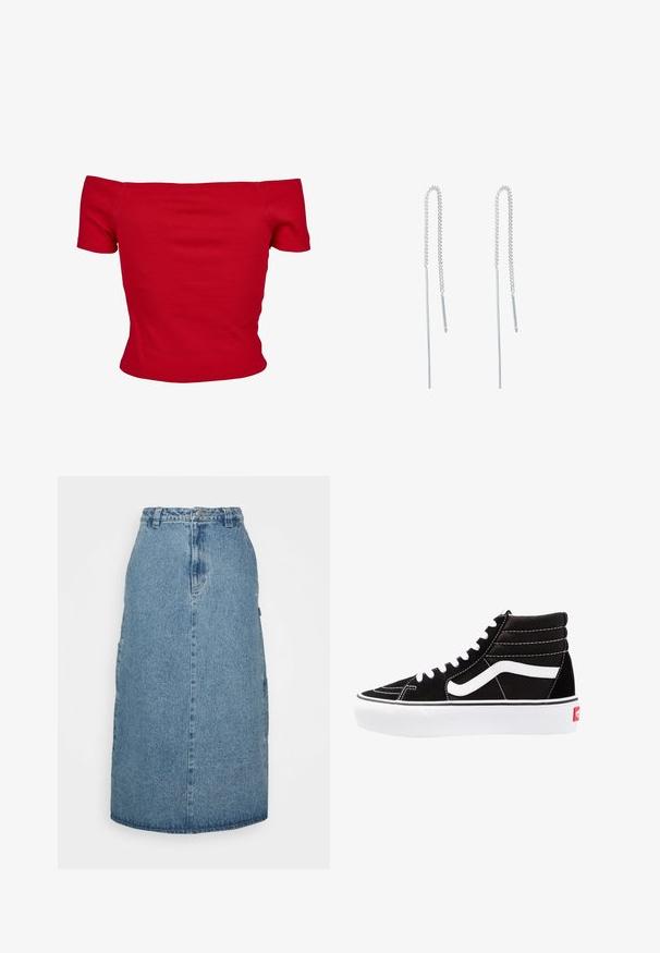 Rode off-shoulder top gemaakt van ribbelstof, met korte mouwen en een getailleerd ontwerp. Gladde textuur, effen kleur zonder patronen.; Obey Clothing JUNIPER MIDI SKIRT - A-lijn rok - stonewash indigo; Zwarte high-top sneakers met witte veters, een wit logo en contrasterende witte stiksels. Heeft een dikke witte zool en een bovenwerk van gestructureerd suede.; Zilveren kettingoorbellen met een verlengd ontwerp, voorzien van een delicate ketting en rechte, dunne hangers aan de uiteinden. Glad textuur.