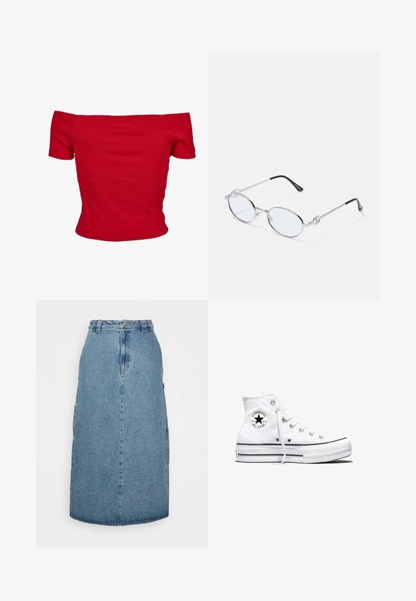 Rode off-shoulder top gemaakt van ribbelstof, met korte mouwen en een getailleerd ontwerp. Gladde textuur, effen kleur zonder patronen.; Obey Clothing JUNIPER MIDI SKIRT - A-lijn rok - stonewash indigo; Witte hoge Converse Chuck Taylor All Star sneaker met zwart logopatch en witte veters, weergegeven op een witte achtergrond.; Zilveren metalen ovale bril met heldere glazen, voorzien van decoratieve zijkanten en zwarte uiteinden op de pootjes voor extra grip en comfort.