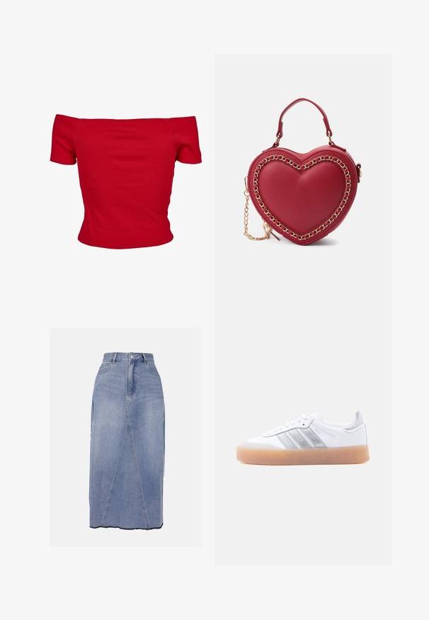 Haut rouge à épaules dénudées en tissu côtelé, avec des manches courtes et une coupe ajustée. Texture lisse, couleur unie sans motifs.; Jupe midi en denim bleu clair, dotée d'une taille haute, de coutures frontales et d'un ourlet irrégulier avec des bords bruts pour une finition texturée.; Baskets basses blanches avec semelle gomme, accents argentés rayés sur le côté, et fermeture à lacets, présentées sur un fond clair uni.; Sac à main en forme de cœur rouge, fabriqué en cuir lisse, avec un accent en chaîne dorée et une poignée supérieure, doté d'une bandoulière amovible.