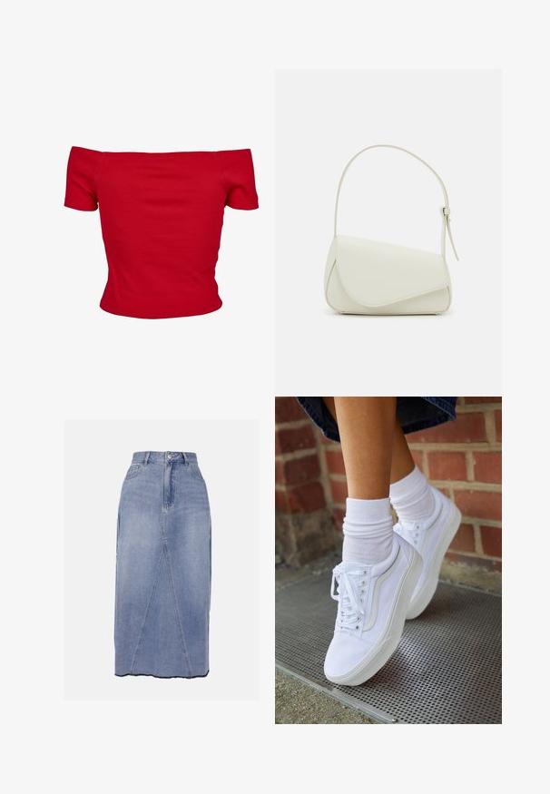 Rød off-shoulder top lavet af ribbet stof, med korte ærmer og tætsiddende design. Glat tekstur, ensfarvet uden mønstre.; Denim midi nederdel i lys blå, med høj talje, frontsømmene og en ujævn kant med rå kanter for et struktureret finish.; Hvide lærreds sneakers med gummisåler, der har seks snørehuller, rund tå og let sømdetaljer, krydret med hvide ankelstrømper.; Hvid taske i faux læder med en struktureret trekantet form, enkelt justerbart skulderstrop og en flaplås med kurver.