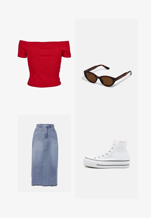 Rød off-shoulder top lavet af ribbet stof, med korte ærmer og tætsiddende design. Glat tekstur, ensfarvet uden mønstre.; Denim midi nederdel i lys blå, med høj talje, frontsømmene og en ujævn kant med rå kanter for et struktureret finish.; Hvide høj-top sneakers lavet af kanvasmateriale, sort gummisål og kontrasterende sort stribe på mellemsålen. Rund tåhætte og snørebåndsdesign.; Brune skildpadde solbriller med en vintage katteøje-form og brune linser. Har buede arme med røde detaljer.