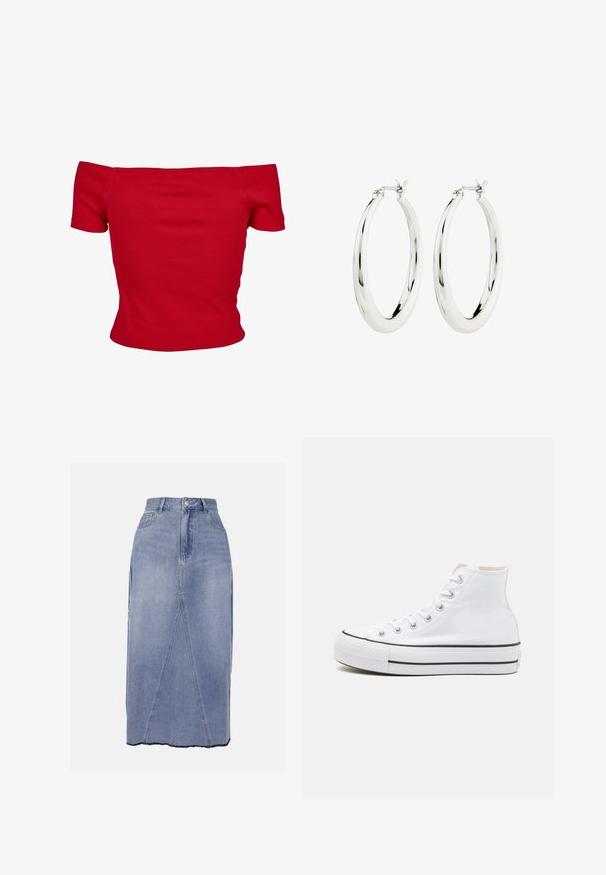 Haut rouge à épaules dénudées en tissu côtelé, avec des manches courtes et une coupe ajustée. Texture lisse, couleur unie sans motifs.; Jupe midi en denim bleu clair, dotée d'une taille haute, de coutures frontales et d'un ourlet irrégulier avec des bords bruts pour une finition texturée.; Baskets montantes blanches en toile, semelle en caoutchouc noir et bande noire contrastante sur la semelle intermédiaire. Bout rond et design à lacets.; Boucles d'oreilles créoles en argent avec une finition lisse et brillante. Forme circulaire, dotée d'un fermoir sécurisé. Design simple et élégant.