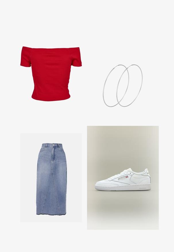 Rød off-shoulder top lavet af ribbet stof, med korte ærmer og tætsiddende design. Glat tekstur, ensfarvet uden mønstre.; Denim midi nederdel i lys blå, med høj talje, frontsømmene og en ujævn kant med rå kanter for et struktureret finish.; Hvid Reebok low-top sneaker med syningsdetaljer, perforeringer nær tæerne og Reebok-logo med et lille Union Jack på siden.; Sølvøreringe med et minimalistisk design. Cirkulær form, glat tekstur og tynd profil. Letvægtige med en poleret overflade.