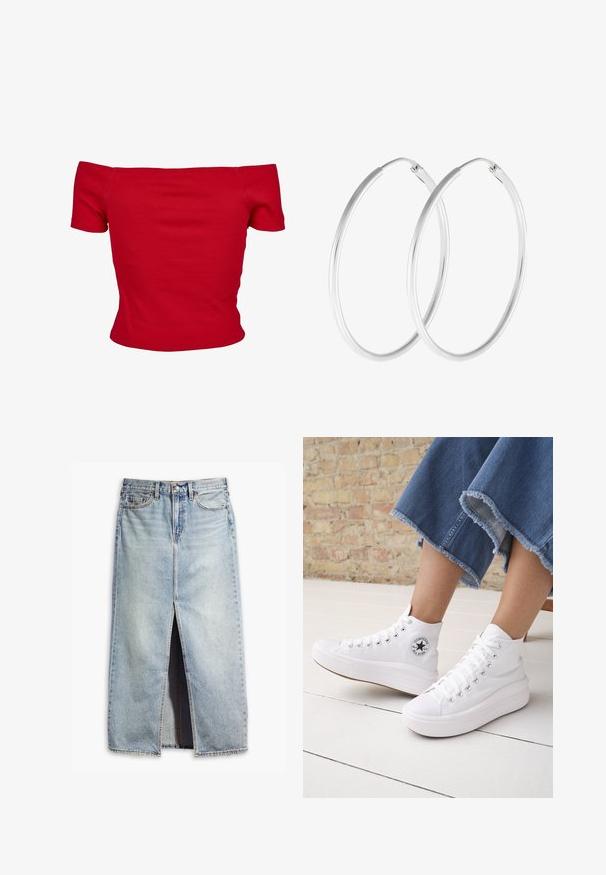 Rød off-shoulder top lavet af ribbet stof, med korte ærmer og tætsiddende design. Glat tekstur, ensfarvet uden mønstre.; Lyseblå denimnederdel med slids foran, fem lommers design og knaplukning. Har et falmet stof og rå kantdetaljer.; Person iført hvide høje Converse-sneakers med tykke såler og beskårne blå jeans med flossede kanter mod en murstensvæg og hvidt gulv.; Sølvfarvede hoop øreringe med en glat, rund form og en poleret overflade. Begge øreringe er i samme størrelse og har en sikker lukke mekanisme.