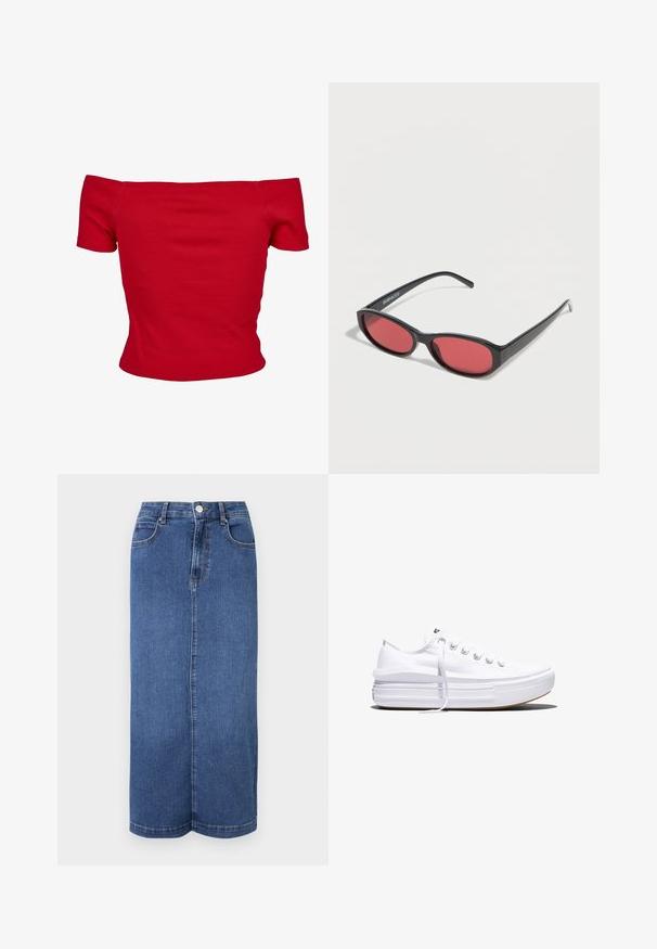 Rode off-shoulder top gemaakt van ribbelstof, met korte mouwen en een getailleerd ontwerp. Gladde textuur, effen kleur zonder patronen.; Denim maxi rok in donkerblauw, met een rechte snit, een tailleband met knoopsluiting en minimale stikdetails.; Witte lage canvas sneaker met dikke plateauzool, veters aan de voorkant en rubberen toeskap met structuur, zijaanzicht.; Zwarte ovale zonnebril met slanke pootjes en rood getinte glazen, rustend op een witte ondergrond.