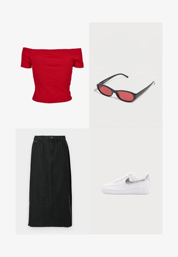 Rød off-shoulder top lavet af ribbet stof, med korte ærmer og tætsiddende design. Glat tekstur, ensfarvet uden mønstre.; Sort denimnederdel med høj talje, lige snit og unikke skrå sømme. Har sideslids og knaplukning i taljen.; Hvid lavtopet sneaker med metallisk sølv Nike swoosh og hvide snørebånd på en ensfarvet lysegrå baggrund.; Sorte ovale solbriller med tynde arme og rødtonede linser, der ligger på en hvid overflade.