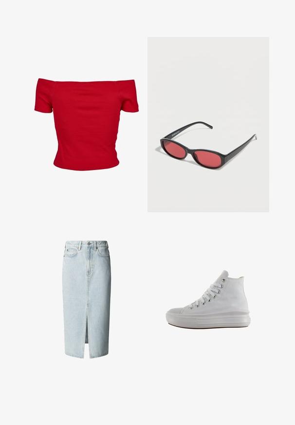 Rød off-shoulder top lavet af ribbet stof, med korte ærmer og tætsiddende design. Glat tekstur, ensfarvet uden mønstre.; Lyseblå denim midi nederdel med frontslids, bæltestropper, knap- og lynlåsfastgørelse samt for- og baglommer.; Hvid højt canvas sneaksko med hvide snørebånd, metaløjer, tyk gummisål og tekstureret tåhætte, vendt mod venstre på en hvid baggrund.; Sorte ovale solbriller med tynde arme og rødtonede linser, der ligger på en hvid overflade.