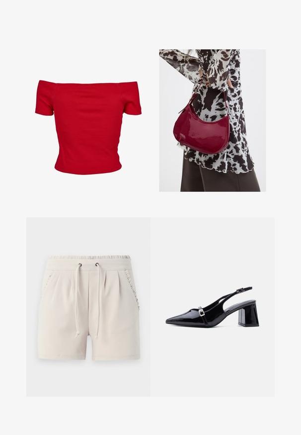 Rød off-shoulder top lavet af ribbet stof, med korte ærmer og tætsiddende design. Glat tekstur, ensfarvet uden mønstre.; Lyse beige shorts med elastisk talje, snor, sidelommer og flæsedetaljer langs lommekanterne. Blødt stoff.; Sort laklæder slingback-hæl med spids tå, lav blokhæl og to små sølvspænder på stropperne.; Kvinde iført en sort- og hvidmønstret bluse, der holder en blank rød skuldertaske mod en ensfarvet baggrund.