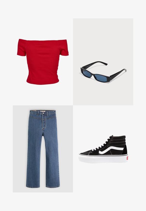 Haut rouge à épaules dénudées en tissu côtelé, avec des manches courtes et une coupe ajustée. Texture lisse, couleur unie sans motifs.; Jean en denim bleu à jambe droite avec passants de ceinture, fermeture à bouton et détail de couture à l'avant sur un fond blanc.; Baskets montantes noires avec des lacets blancs, un logo blanc et des coutures blanches contrastées. Dotées d'une épaisse semelle blanche et d'un dessus en daim texturé.; Lunettes de soleil noires avec une monture rectangulaire élégante et des verres bleus. Présente une texture lisse et des branches robustes. Logo de la marque sur le côté.