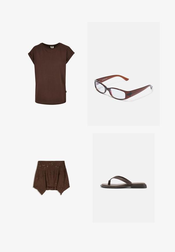 Bruine katoenen t-shirt met korte opgerolde mouwen, ronde halslijn en een losse pasvorm. Heeft een klein label op de zijnaad.; Bruine off-shoulder top met asymmetrische zoom, geplooide stof en subtiele bloemenversieringen met pailletten.; Bruine leren teenslipper met een platte zwarte zool en een brede band over de wreef, zijaanzicht op een witte achtergrond.; Bruin getinte rechthoekige brillen met een glanzende afwerking, met slanke pootjes en doorzichtige glazen. Logo zichtbaar op de linkertempel.