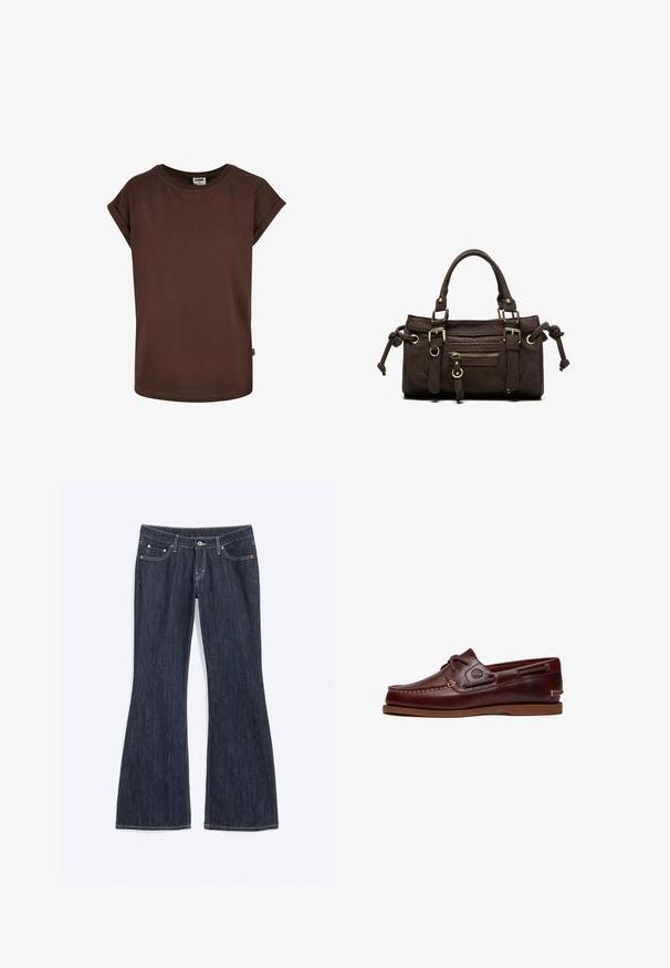 T-shirt en coton marron avec des manches courtes roulées, un col rond et une coupe ample. Présente une petite étiquette sur la couture latérale.; Jean en denim bleu foncé avec un léger évasement en bas, doté de poches avant, d’un bouton et de détails de couture visibles.; Chaussure bateau en cuir marron avec lacets, détails de couture et logo Timberland sur le côté, présentée sur un fond blanc.; Sac à main en cuir marron foncé avec double poignée, poche avant zippée, boucles décoratives et nœuds latéraux sur fond blanc.