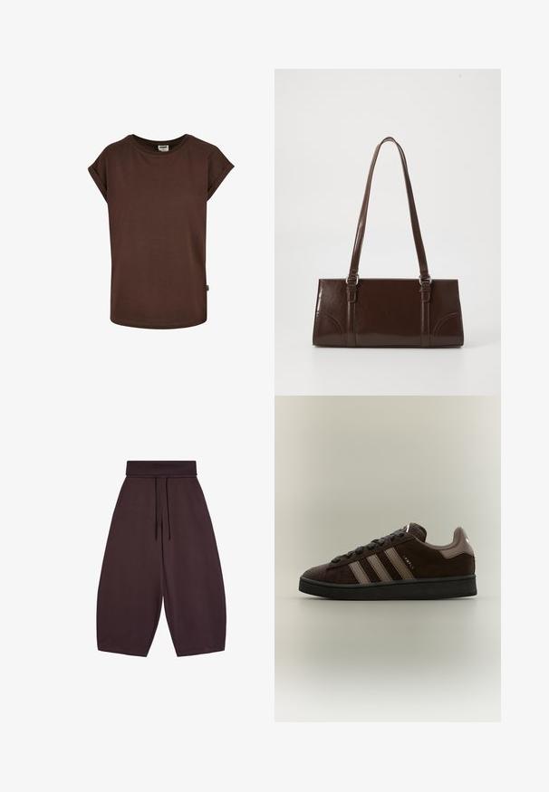 T-shirt en coton marron avec des manches courtes roulées, un col rond et une coupe ample. Présente une petite étiquette sur la couture latérale.; Pantalon large à taille haute marron foncé avec ceinture élastique et fermeture par cordon, avec poches latérales et longueur raccourcie.; Baskets Adidas Campus en suède marron avec semelle noire, trois bandes beiges sur le côté et logo Adidas sur la languette et le talon.; Sac à main en cuir verni marron de forme rectangulaire, avec deux longues poignées et des accents courbés subtils à l'avant.