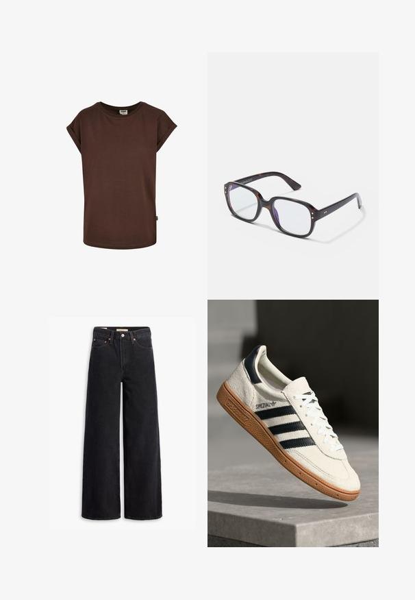 T-shirt en coton marron avec des manches courtes roulées, un col rond et une coupe ample. Présente une petite étiquette sur la couture latérale.; Jean noir à jambe large en denim, comportant cinq poches, des rivets en laiton et une fermeture à bouton classique. Texture lisse avec un design épuré.; Baskets en daim blanc avec des bandes navy, semelle en caoutchouc gomme, tige texturée, bout rond et lacets ; arbore un logo sur le côté et sur la languette.; Lunettes rectangulaires en écaille de tortue avec des verres transparents, présentant une monture épaisse, des accents dorés et un design élégant.