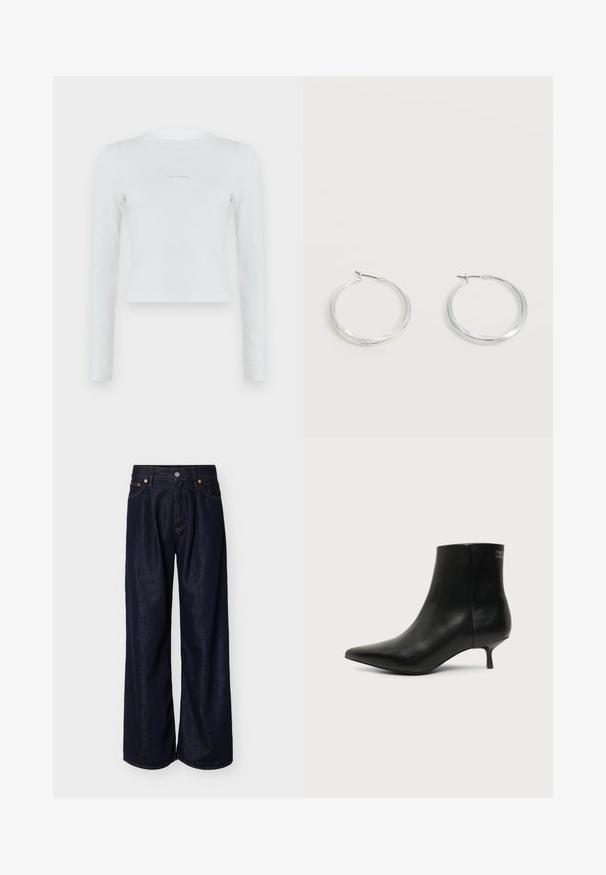 Λευκό μακρυμάνικο ριμπ crop top με στρογγυλή λαιμόκοψη και μικρό λογότυπο Calvin Klein στο κέντρο του στήθους.; Τζιν παντελόνι με φαρδύ παντελόνι σε σκούρο μπλε χρώμα, με μπροστινό κουμπί και σχεδιασμό με πέντε τσέπες, σε απλό ανοιχτό φόντο.; Μαύρο δερμάτινο μποτάκι γύρω από τον αστράγαλο με μυτερή μύτη και χαμηλό τακούνι σε ανοιχτό φόντο, εμφανίζει την εξωτερική πλευρά.; Ασημένια μεταλλικά σκουλαρίκια κρίκοι με λεία, ελαφρώς κυρτή επιφάνεια και κλειδαριά τύπου latch-back σε απλό λευκό φόντο.