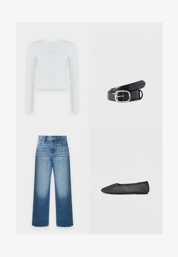 Λευκό μακρυμάνικο ριμπ crop top με στρογγυλή λαιμόκοψη και μικρό λογότυπο Calvin Klein στο κέντρο του στήθους.; Μπλε τζιν παντελόνι με ίσια γραμμή, κλείσιμο με κουμπί και φερμουάρ, σχεδίαση με πέντε τσέπες και ξεθωριασμένο πλύσιμο στους μηρούς και τα γόνατα.; Μαύρες πλεκτές μπαλαρίνες με μυτερή μύτη, υφή άνω με γεωμετρικό σχέδιο και επίπεδη ελαστική σόλα.; Μαύρη δερμάτινη ζώνη με ορθογώνια ασημί αγκράφα. Λεία υφή, με τρυπημένες τρύπες για ρύθμιση και εσωτερική επισήμανση επωνυμίας.