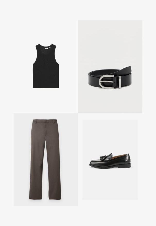 Sort tanktop med et tekstureret mønster, uden ærmer og rund halsudskæring. Fremstillet af let strikmateriale.; Brune bomuldsbukser med et design i lige ben, der har bæltestropper og en glat tekstur. Ingen synlige mønstre eller hardware-detaljer.; Sorte læder loafers med en kvastdetalje, en rund dramatisk tå og en glat overflade. Sålens flade design har et minimalt mønster.; Sort læderbælte med en glat overflade, der har en sølvmetalklausul og en klassisk rektangulær form.