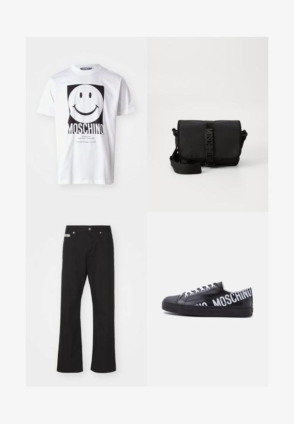 Hvid bomulds T-shirt med et stort sort smiley-ansigt grafik, med "MOSCHINO" trykt nedenfor og arrangementsdetaljer i mindre tekst.; Svarte bomuldsbukser med lige ben-design, der har en frontknaplukning, to sidelommer og et lille mærke på linningen.; Sort lavtop sneaker med hvide snørebånd og fed hvid "MOSCHINO" tekst, der vikler sig rundt om hælen og siden.; Sort nylon crossbody taske med en klap, prydet med en fremtrædende logo-rem lukning, justerbar rem og sidelægninger.