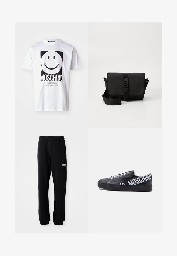 Hvid bomulds T-shirt med et stort sort smiley-ansigt grafik, med "MOSCHINO" trykt nedenfor og arrangementsdetaljer i mindre tekst.; Sorte sweatpants med en afslappet pasform, lavet af blødt stof. Har en elastisk talje og hvidt "Moschino" logo på venstre lår.; Sort lavtop sneaker med hvide snørebånd og fed hvid "MOSCHINO" tekst, der vikler sig rundt om hælen og siden.; Sort nylon crossbody taske med en klap, prydet med en fremtrædende logo-rem lukning, justerbar rem og sidelægninger.