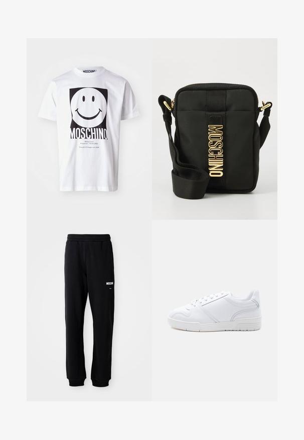 Hvid bomulds T-shirt med et stort sort smiley-ansigt grafik, med "MOSCHINO" trykt nedenfor og arrangementsdetaljer i mindre tekst.; Sorte sweatpants med en afslappet pasform, lavet af blødt stof. Har en elastisk talje og hvidt "Moschino" logo på venstre lår.; Hvid sneakers med lavt snit, snørelukning, glat syntetisk overdel og mønstret gummisål på en ensfarvet lys baggrund.; Sort nylon crossbody taske med en rektangulær form, der har en tekstureret overflade, et guld "MOSCHINO" logo og en justerbar rem.