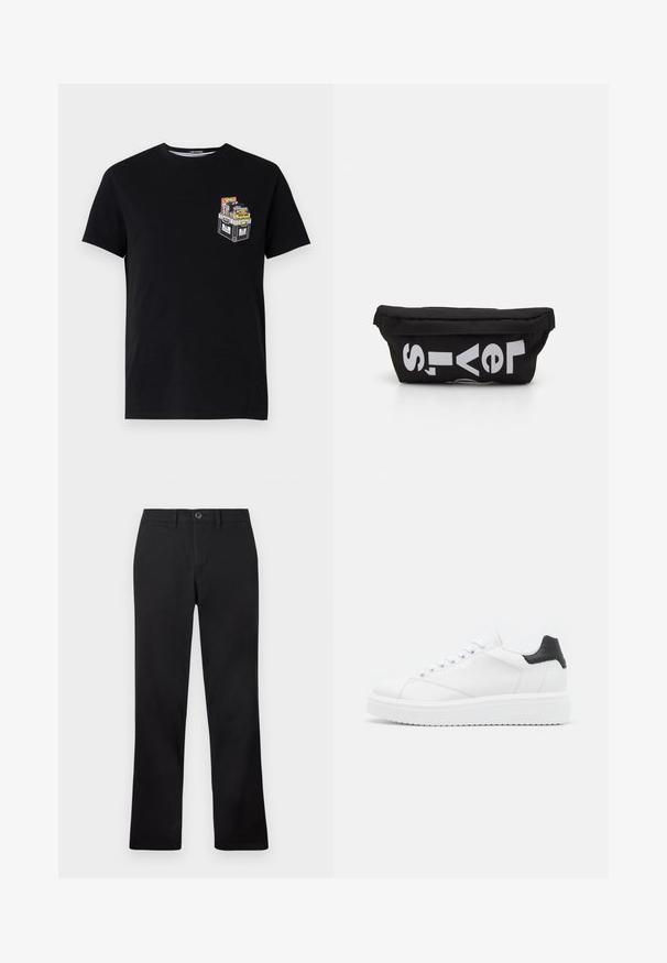 Zwarte katoenen t-shirt met korte mouwen, voorzien van een kleine graphic van een crate gevuld met kleurrijke items op de linkerkant van de borst.; Zwarte broek opgesteld tegen een witte achtergrond, met een recht model en een knoopsluiting in de taille.; Witte leren sneaker met een zwarte haklip, platte veters, gestructureerde tussenzool en branding aan de buitenzijde. Ontworpen voor casual gebruik.; Zwarte stoffen tas met een platte vorm, voorzien van vet witte tekst. De ritssluiting bevindt zich aan de bovenkant, met een lus-detail aan één kant.