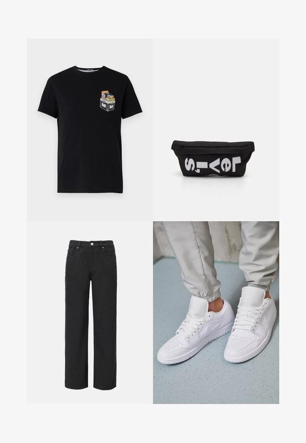 Zwarte katoenen t-shirt met korte mouwen, voorzien van een kleine graphic van een crate gevuld met kleurrijke items op de linkerkant van de borst.; Zwarte wijde broek van katoen met vier zakken, sluiting met een knoop aan de voorkant en een klassiek denim ontwerp. Soepele textuur, geen zichtbare patronen.; Witte leren sneakers met een geperforeerde neus, platte veters, een gepolsterde kraag en het Jordan-logo op de tong. Gediend met grijze joggers.; Zwarte stoffen tas met een platte vorm, voorzien van vet witte tekst. De ritssluiting bevindt zich aan de bovenkant, met een lus-detail aan één kant.