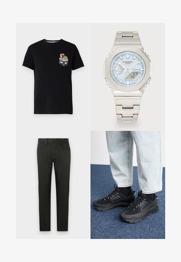 Schwarzes Baumwoll-T-Shirt mit kurzen Ärmeln, das auf der linken Brustseite ein kleines grafisches Motiv einer Kiste mit bunten Gegenständen zeigt.; Dunkelgrüne Baumwollhose mit schlanker Passform. Verfügt über ein gerades Bein, Fronttaschen und einen Knopfverschluss. Glatte Textur, minimale Details.; Schwarze Sportschuhe aus strukturiertem Stoff mit Gummisohlen, ausgestattet mit elastischen Schnürsenkeln und einem blauen Akzent an der Ferse. Getragen mit hellen Jeans.; Casio G-Shock Uhr mit einem silbernen Edelstahlarmband, lichtblauem Zifferblatt, digitaler Anzeige und silbernen Akzenten. Wasserfest bis 20 bar.