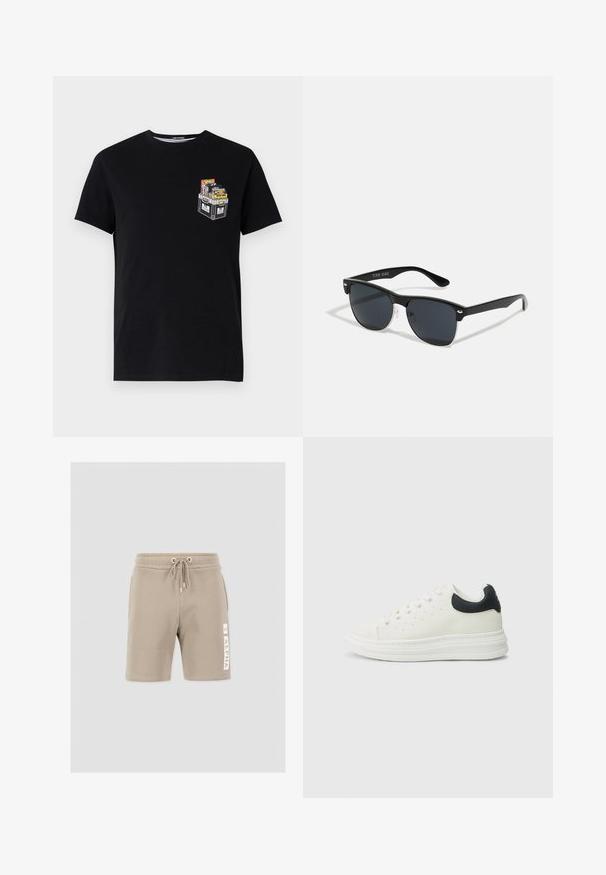 Zwarte katoenen t-shirt met korte mouwen, voorzien van een kleine graphic van een crate gevuld met kleurrijke items op de linkerkant van de borst.; Lichtbeige shorts van zachte stof, met een elastische tailleband met trekkoord en een wit logo-detail op het linkerbeen.; Witte leren sneaker met een zwarte hielaccent, ronde neus, platte witte zool en vetersluiting. Minimale perforaties aan de zijkanten.; Zwarte zonnebril met een rechthoekige vorm, donkere lenzen, zilveren accenten bij de slapen en een matte afwerking op het montuur.