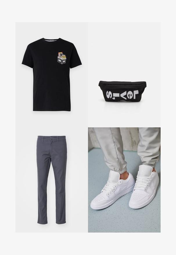 T-shirt en coton noir à manches courtes avec un petit graphique d'une caisse remplie d'objets colorés sur la zone gauche de la poitrine.; Chinos gris foncé en tissu mélangé coton. Dotés d'une fermeture à bouton et à glissière, de passants de ceinture et d'une coupe droite.; Des baskets en cuir blanc présentent une zone de perforation à l'avant, des lacets plats, un col rembourré et le logo Jordan sur la languette. Portées avec un pantalon de jogging gris.; Sac en tissu noir de forme plate, avec un texte blanc en gras. La fermeture éclair est située en haut, avec un détail en boucle sur un côté.