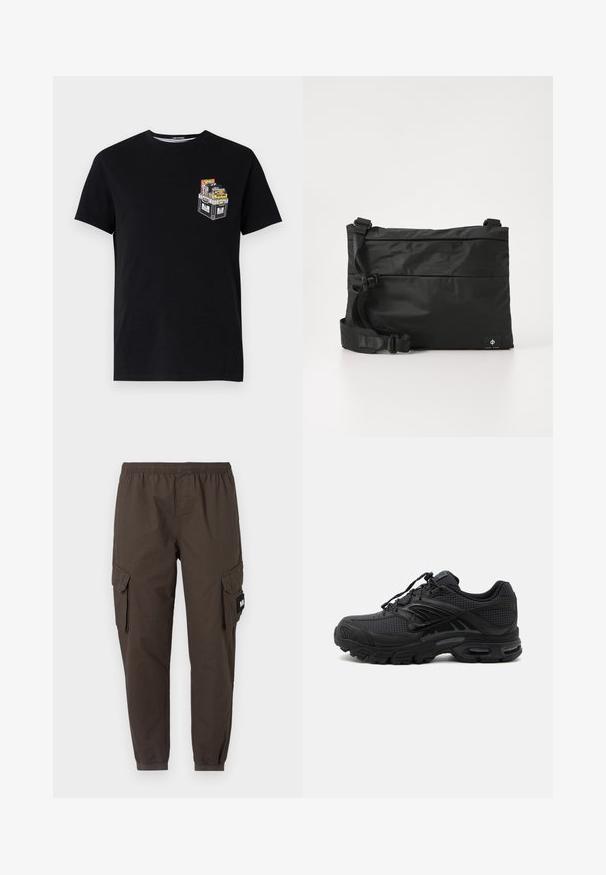 T-shirt en coton noir à manches courtes avec un petit graphique d'une caisse remplie d'objets colorés sur la zone gauche de la poitrine.; Pantalons cargo en tissu marron foncé, avec une taille élastique, des jambes fuselées et deux poches latérales avec rabats.; Baskets de sport noires avec tissu texturé, semelle épaisse et rembourrée, aérations et fermeture à lacets, vues de profil sur fond clair.; Sac messager en nylon noir avec une sangle réglable, un design plat et une étiquette latérale arborant un logo. Texture lisse et style minimaliste.