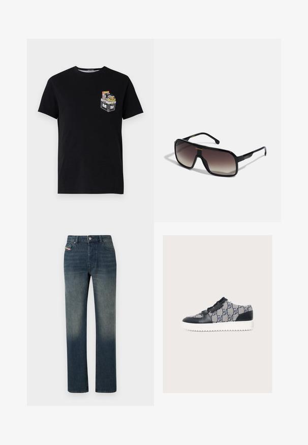Schwarzes Baumwoll-T-Shirt mit kurzen Ärmeln, das auf der linken Brustseite ein kleines grafisches Motiv einer Kiste mit bunten Gegenständen zeigt.; Blaue Jeans mit geradem Bein, verwaschenem Look, Vorderseite mit Knopf- und Reißverschluss sowie Fünf-Taschen-Design.; Low-Top-Sneaker mit marineblauen Lederakzenten, weißer Sohle und gemustertem Textil-Obermaterial mit wiederkehrendem dunkelblauen Monogramm-Muster.; Schwarze oversized Sonnenbrille mit Verlaufslinsen, ausgestattet mit einem breiten, kantigen Rahmen, glänzender Oberfläche und goldenen Akzenten an der Seite.