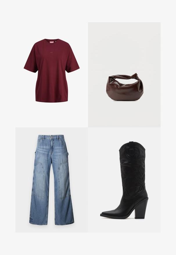 Luumuun värinen lyhythihainen T-paita pyöreällä pääntiellä, jossa pieni ”JJXX”-logo rinnassa keskellä, rento istuvuus ja yksinkertainen malli.; Good American GOOD EASE RELAXED - Relaxed fit -farkut - indigo; Simmi London DANIQUE - Korolliset saappaat - black; Tummanruskea nahkainen olkalaukku, jossa on pehmeä, rento muoto ja kiertynyt solmukahva valkoisella taustalla.