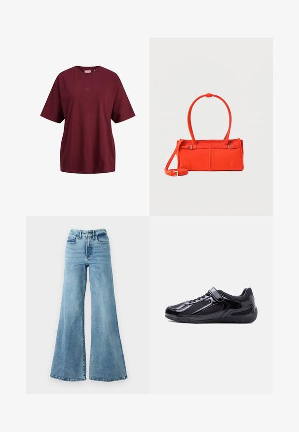 Bordeauxrød T-shirt med korte ærmer og rund hals med lille "JJXX" logo centreret på brystet, afslappet pasform og ensfarvet design.; Good American GOOD WAIST PALAZZO - Wide leg - indigo; Sort lavprofilsneaker med blanke og stofpaneler, elastiske snørebånd og en velcrolukke på en hvid baggrund.; Rektangulær lille orange håndtaske med dobbelte håndtag, aftagelig lang rem og spænde detaljer på en lys baggrund.