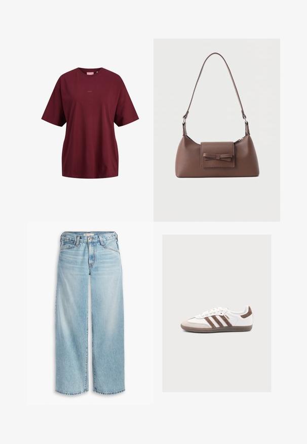 Bordeauxrød T-shirt med korte ærmer og rund hals med lille "JJXX" logo centreret på brystet, afslappet pasform og ensfarvet design.; Lys blå brede jeans lavet af denim, med høj talje, knaplukning og frynsede kanter. Synlig syning og lommer.; Hvid Adidas Samba sneaker med brune ruskindstriber, brun ruskindstå og gummisål på en lys grå baggrund.; Brun skuldertaske i læder med en frontlomme med klap, der har en sydd sløjfedetalje, og en justerbar rem.