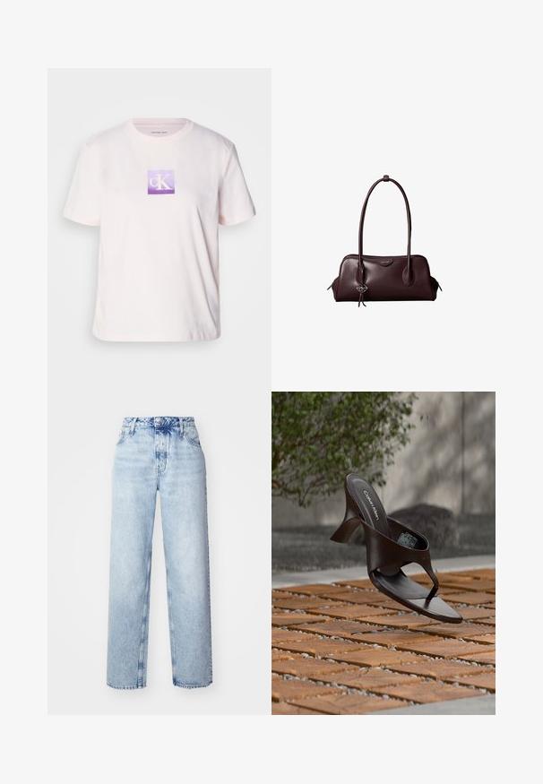 Lichtroze katoenen T-shirt met korte mouwen, met een vierkant paarse grafische logo met witte "cK" letters in het midden.; Lichtblauwe high-waisted jeans met een losse pasvorm, met rechte pijpen, vijf zakken en een klassieke knoop- en ritssluiting.; Bruine Calvin Klein teenslipper met hak, hangend boven houten tegels en grind op een buitenvloer met een vage achtergrond van groen en stenen.; Donkerbruine leren Calvin Klein handtas met lange dubbele handvatten en een kleine logo-sierhanger die aan één handvat hangt.