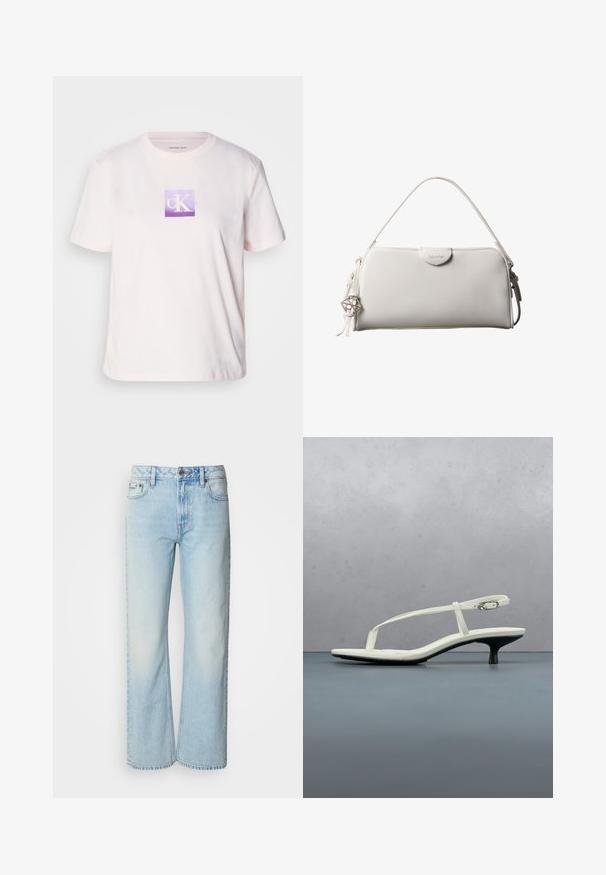 Lichtroze katoenen T-shirt met korte mouwen, met een vierkant paarse grafische logo met witte "cK" letters in het midden.; Lichtblauwe wijde jeans van denim, voorzien van een klassiek vijf-pocket ontwerp en een subtiele vervaagde textuur. Denimstiksels zijn zichtbaar.; Witte sandaal met smalle bandjes en kitten heel, met een spitse neus, zwevend boven een houten tegelvloer buiten, met op de achtergrond een wazige plant en muur.; Witte rechthoekige Calvin Klein handtas met enkele handgreep, minimalistisch ontwerp en decoratieve kwastjes met geometrische metalen hanger aan de zijkant.