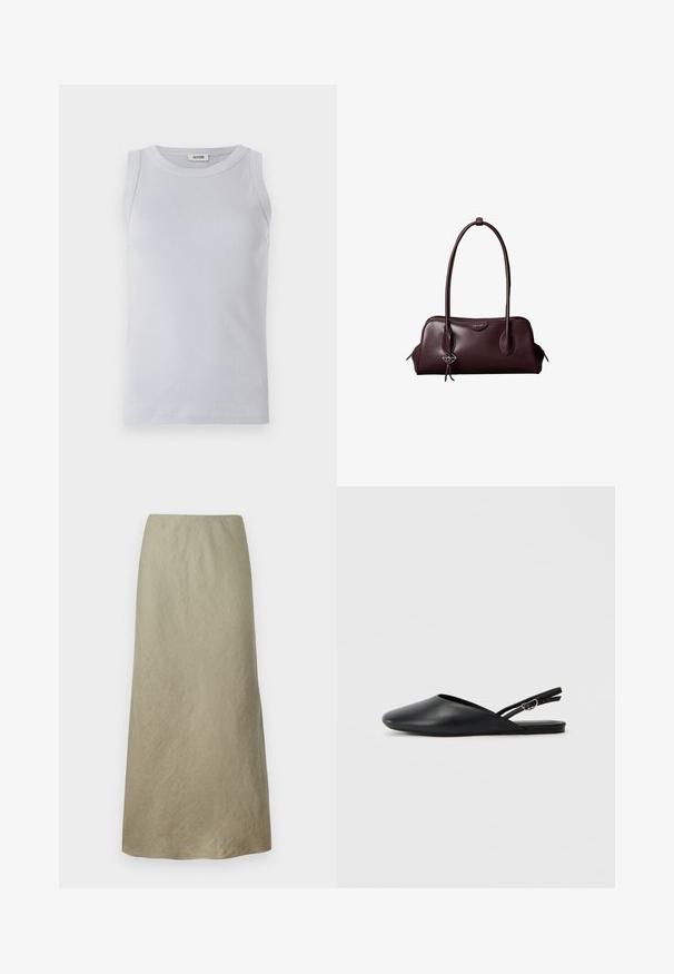 Lichtblauw geribbeld tanktop met een ronde halslijn. Glad textuur en mouwloos ontwerp, voorzien van een subtiele merketiket op de halslijn.; Knielange A-lijnrok van zacht, olijfgroen stof met een subtiele textuur en zonder zichtbare sluitingen of versieringen.; Zwarte leren slingback schoenen met een puntige neus, gebogen ontwerp en verstelbare gesp. Glad textuur, platte zool, minimale details.; Donkerbruine leren Calvin Klein handtas met lange dubbele handvatten en een kleine logo-sierhanger die aan één handvat hangt.