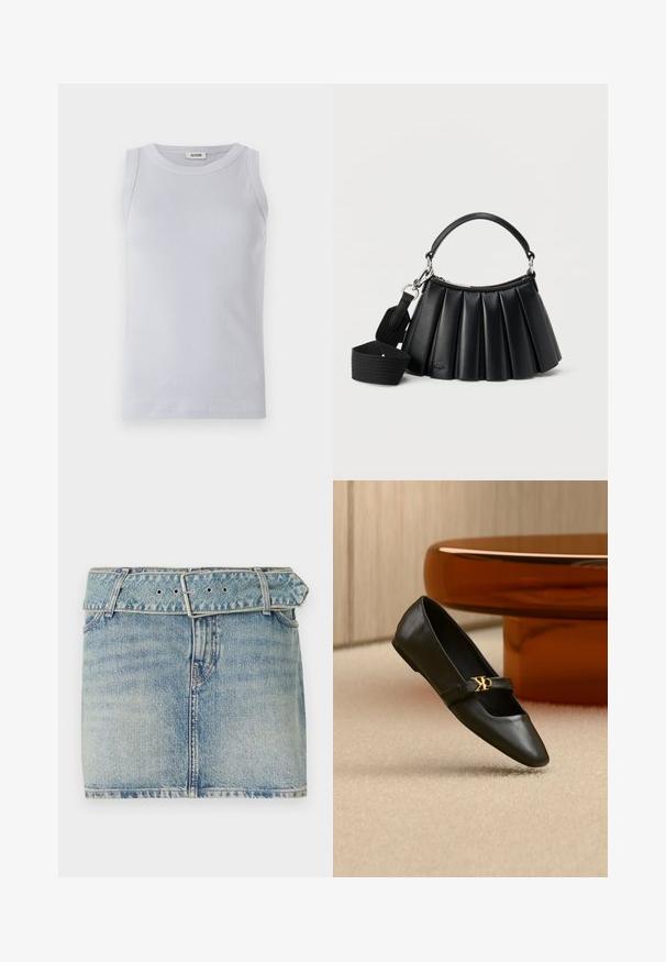 Débardeur à côtes bleu clair avec un col rond. Texture lisse et design sans manches, comportant une étiquette de marque discrète sur le col.; Jupe en denim mini avec un délavage bleu clair, dotée d'une taille ceinturée avec une boucle en métal, cinq poches et un léger effet dégradé pour la texture.; Chaussure plate en cuir noir avec bout pointu et logo CK doré sur la bride, posée sur un tapis beige près d'une table ronde couleur ambre brun.; Sac à main noir en cuir plissé avec poignée courte et bandoulière large en tissu détachable sur fond blanc.