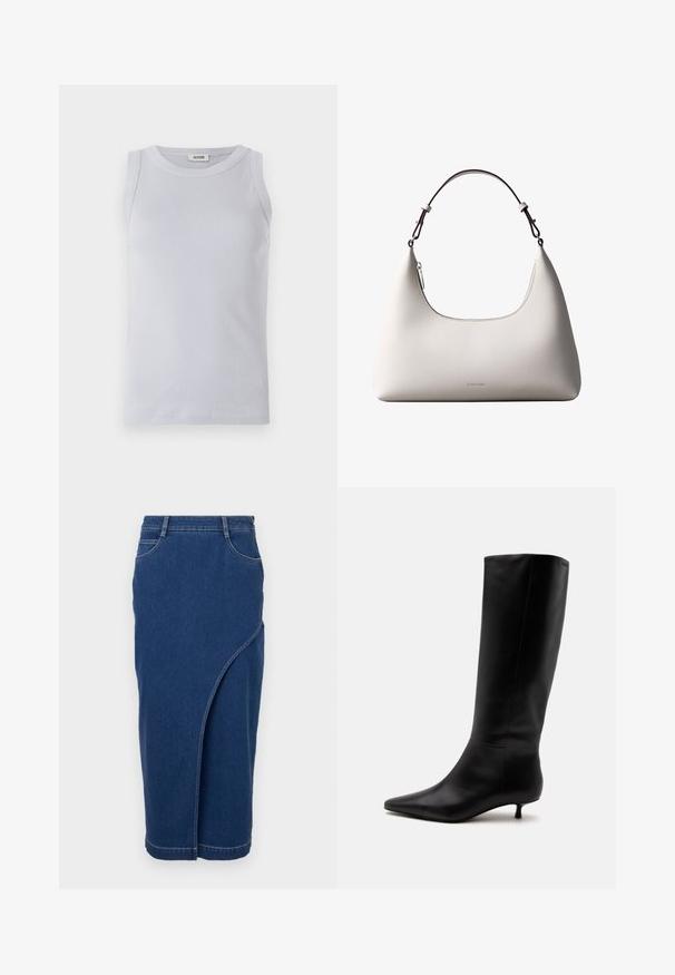 Lichtblauw geribbeld tanktop met een ronde halslijn. Glad textuur en mouwloos ontwerp, voorzien van een subtiele merketiket op de halslijn.; Jeansrok met een getailleerde silhouette, donkerblauwe kleur, knielang, met een diagonale wikkelontwerp en standaardzakken.; Zwarte leren kniehoge laars met puntige neus en lage kittenhak tegen een effen lichte achtergrond.; Romige Calvin Klein leren schoudertas met gebogen bovenrand, zilveren rits en donkerbruine verstelbare riem.
