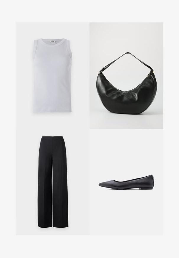Débardeur à côtes bleu clair avec un col rond. Texture lisse et design sans manches, comportant une étiquette de marque discrète sur le col.; Pantalons larges noirs en tissu lisse. Dotés d'une taille haute et de lignes nettes et droites sans poches visibles ni embellissements.; Chaussure plate en cuir noire à bout pointu avec petit talon, vue de profil sur fond blanc.; Sac à épaule en cuir noir, de forme courbée, avec une texture douce et une seule sangle; il comporte une fermeture éclair dorée et un logo discret.