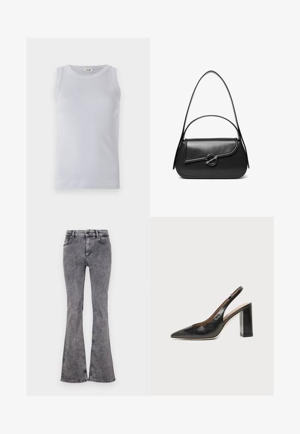 Lyseblå ribbet tanktop med en rund udskæring. Glat tekstur og ærmeløst design med et diskret mærke på udskæringen.; Udfoldede sorte jeans lavet af denim med en falmet vask, der har fem lommer, lynlås og kontrastsyninger langs sømmene.; Sort læder peep-toe slingback sko med blokhæl og et lille logo på siden, sat mod en enkel hvid baggrund.; Sort skuldertaske i læder med en buet klap, der er fastgjort med en rund metal spænde, og en slank, justerbar rem.