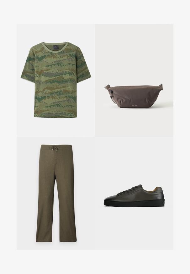 Grøn camouflage T-shirt lavet af bomuld. Korte ærmer, rund halsudskæring, med et lagdelt bjergmønster i varierende nuancer af grøn og brun.; Løse, olivengrønne linnedbukser med elastisk talje og vide ben. Glat tekstur, minimalistisk design, ingen synlige mønstre eller accenter.; Lavtskåret mørkegrå læder sneaker med sorte snørebånd og sål, minimalistisk design, sideprofil på en ensfarvet lys baggrund.; Mørkebrun stof talje taske med diagonalt lynlåslomme og lille hvidt logo på fronten, sat mod en ensfarvet lys baggrund.