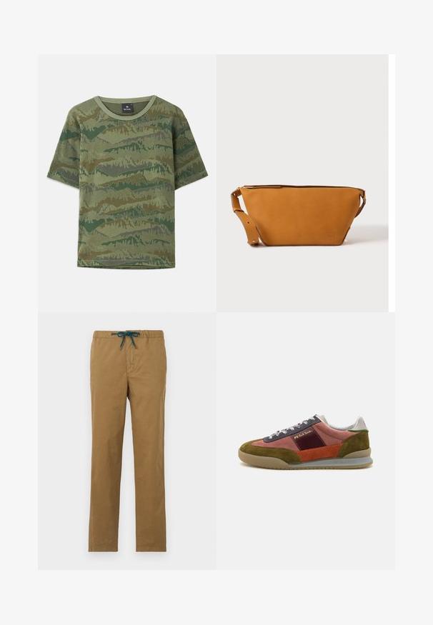 Grøn camouflage T-shirt lavet af bomuld. Korte ærmer, rund halsudskæring, med et lagdelt bjergmønster i varierende nuancer af grøn og brun.; Brune bomuldsbukser med snor i taljen i teal. Designet har lige ben og ingen synlige lommer eller dekorationer.; PS Paul Smith DOVER - Sneakers - pink; Lys brun læder crossbody taske med justerbar rem og lynlås, vist mod en ensartet lys baggrund.